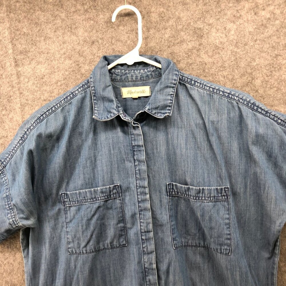 Madewell Chambray Mini Shirt Dress Womens S Blue Short Sleeve Fringe Denim - Picture 3 of 9